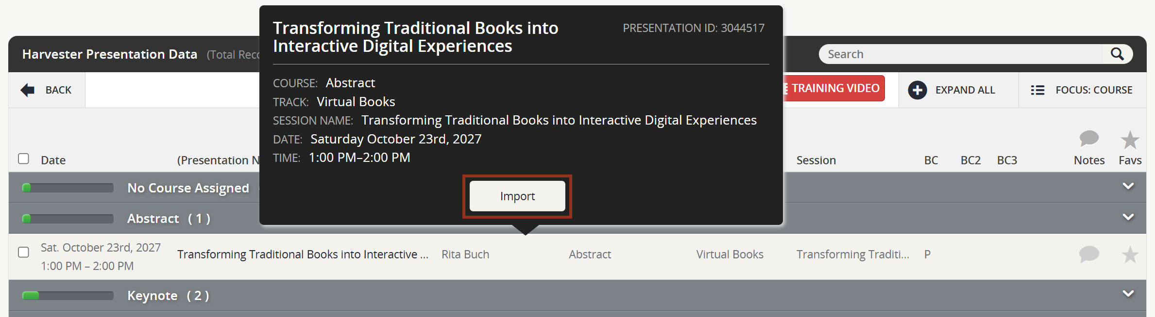 Image of the Import Button in the Row Pop-up.