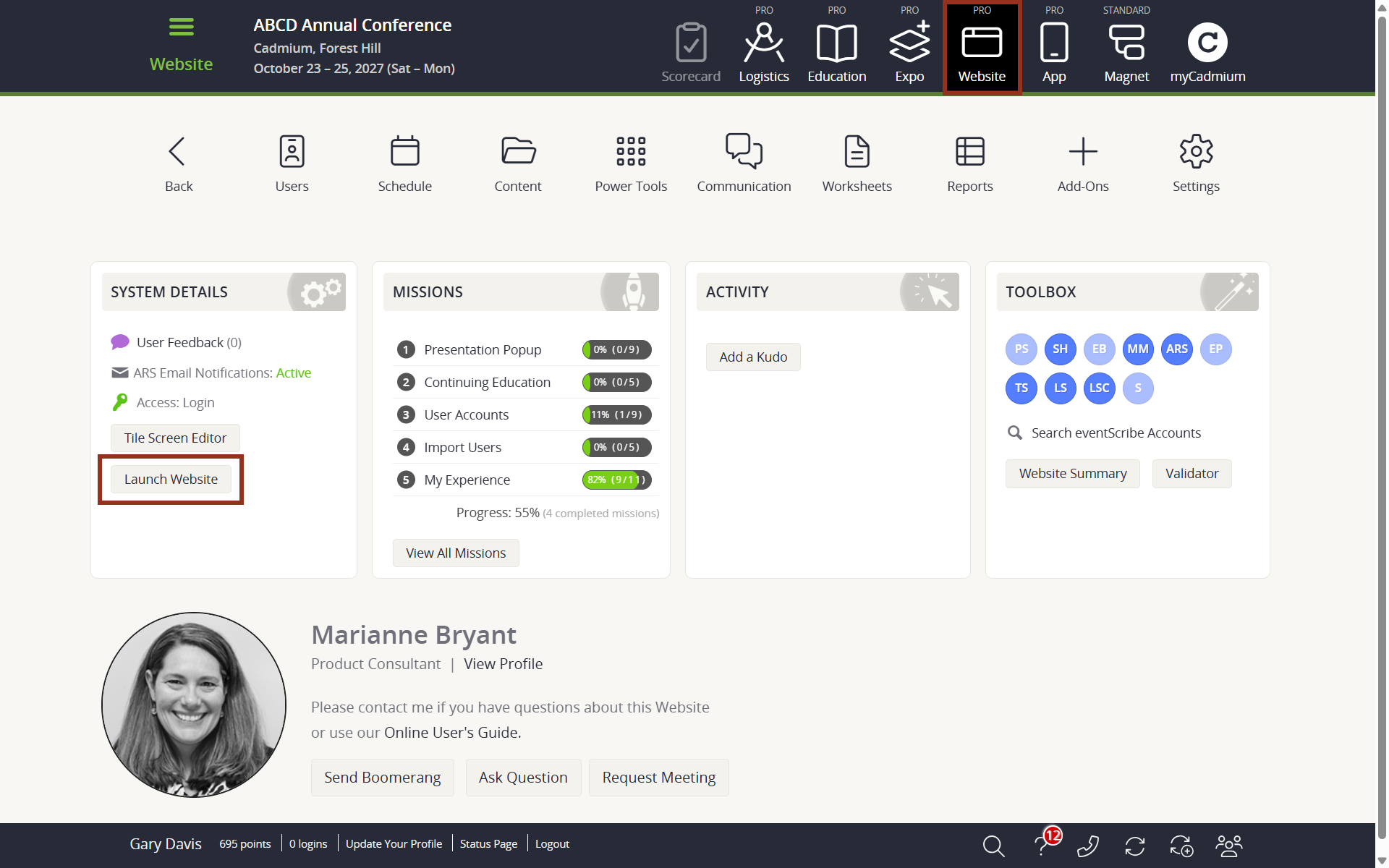 Image of the Website Dashboard Launch Website Button.