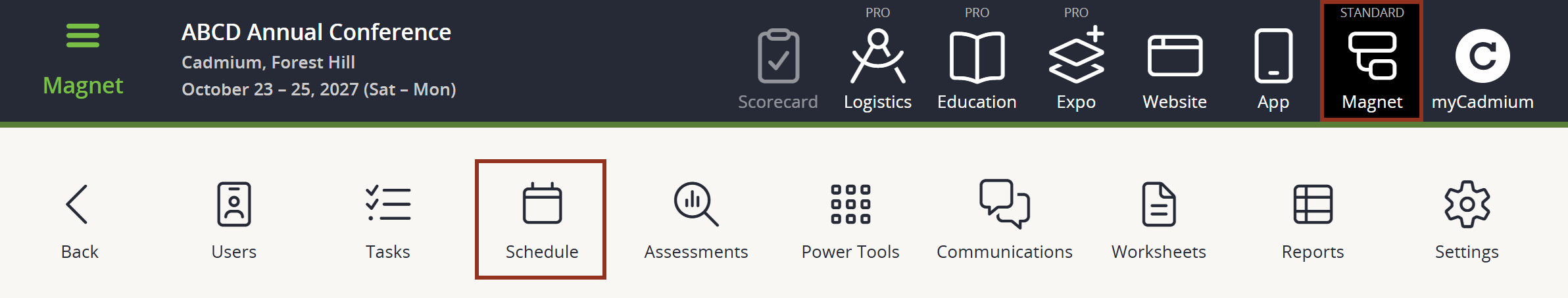 Image of the Top Row of Icons with the Schedule Page Icon Highlighted..