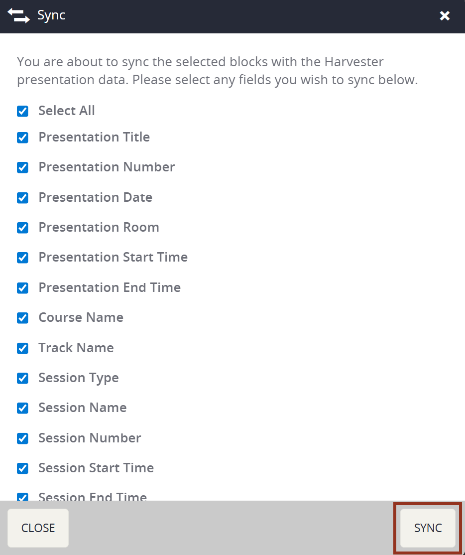 Image of the Fields to Synch Pop-up.
