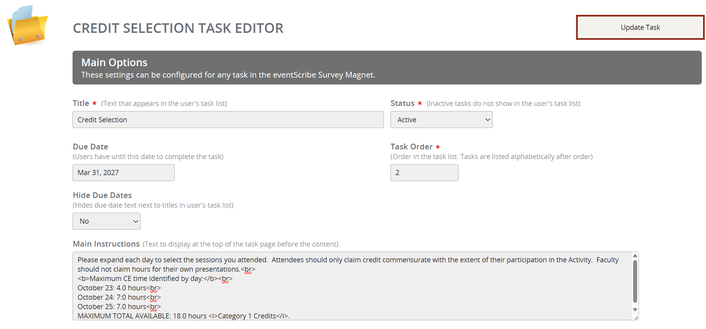 Image of the Top Section of the Credit Selection Task Editor.