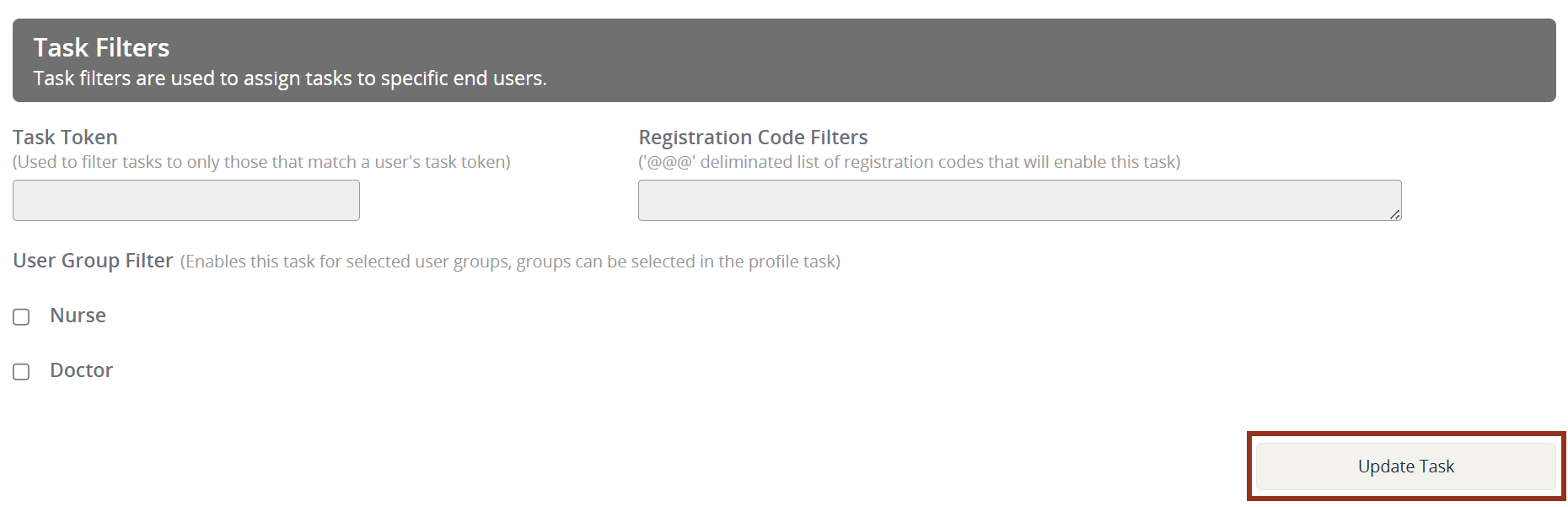 Image of the Task Filter Section and Update Task Button.