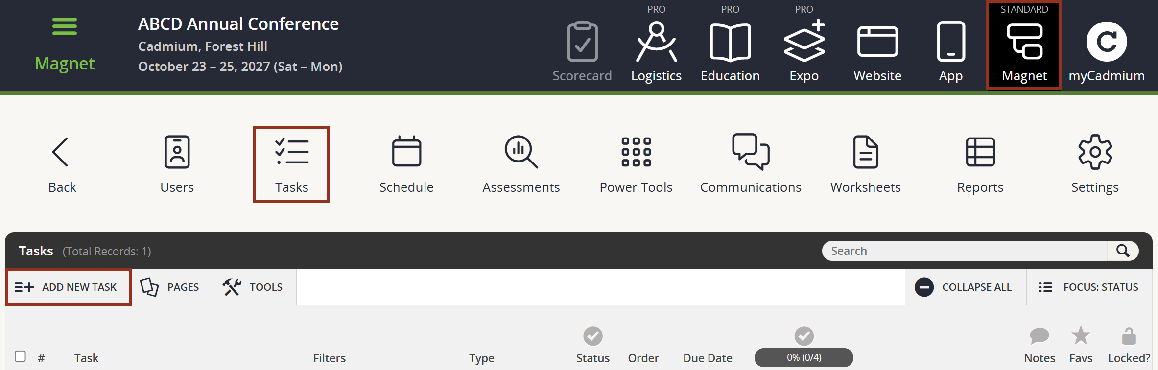 Image of the Tasks Page Add New Task Button.