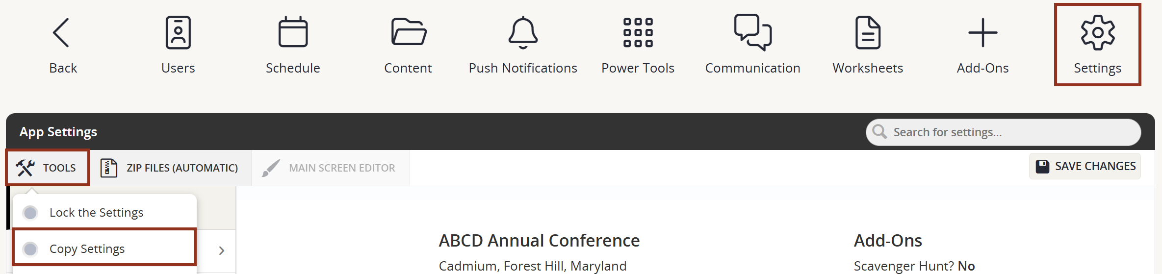 Image of the Settings Page Tools Button Dropdown Showing the Copy Settings Option.