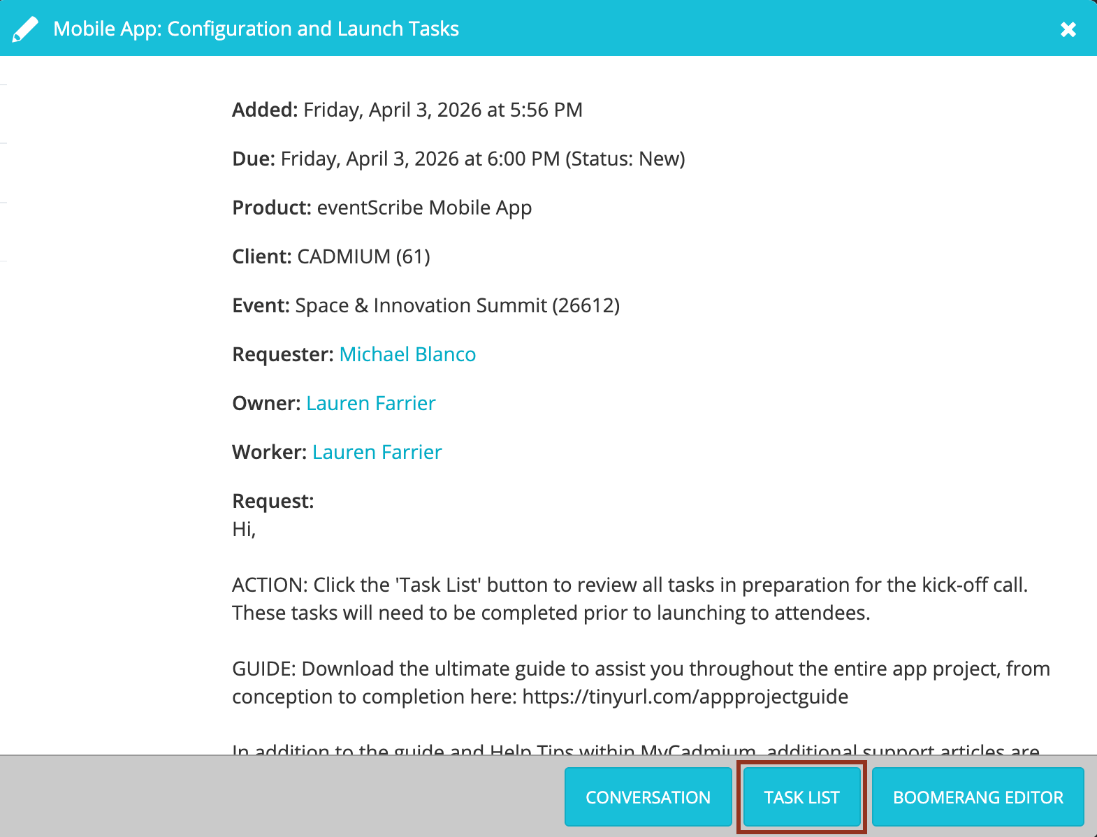 Image of the Mobile App: Configuration and Launch Task.