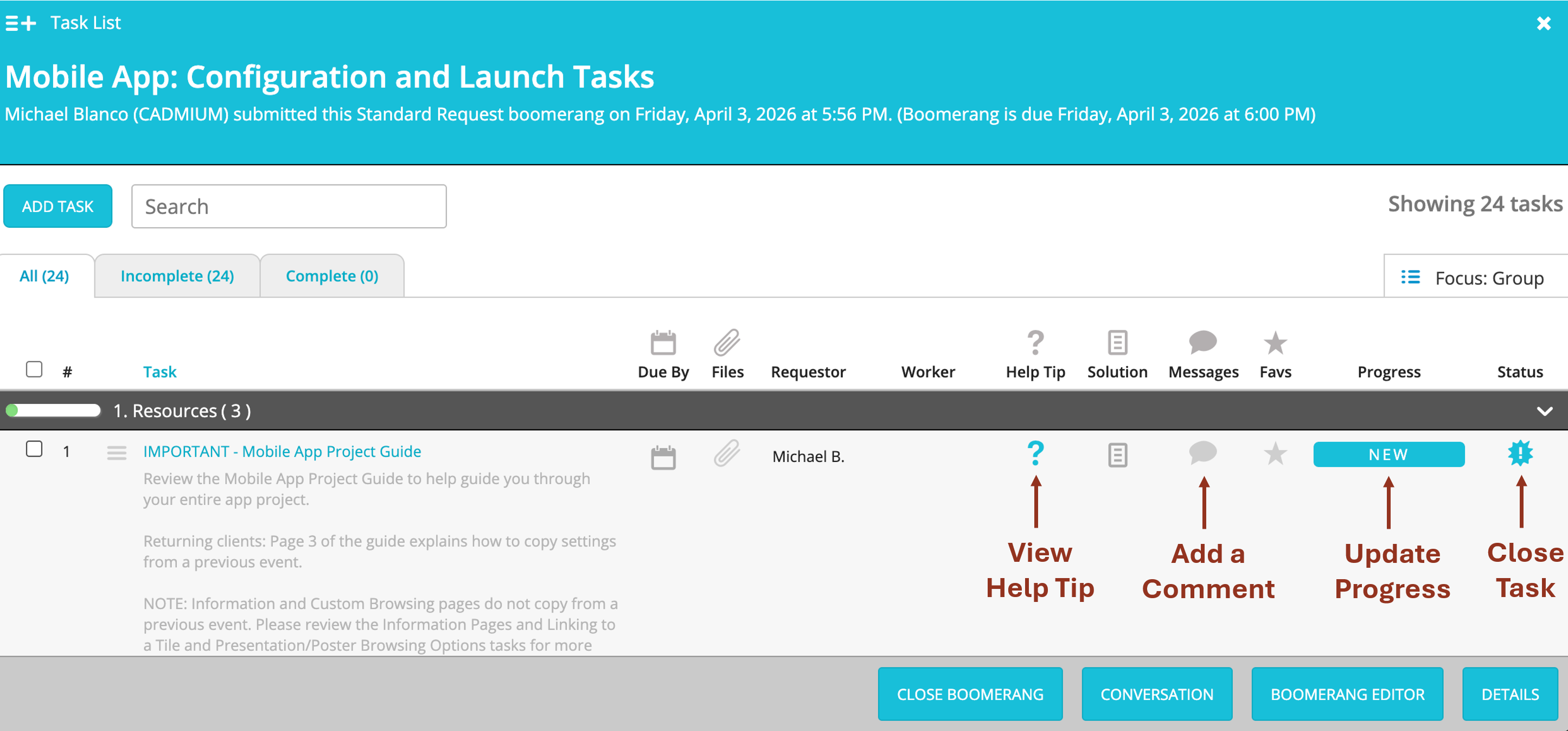 Image of the Mobile App: Configuration and Launch Tasks Boomerang Task List.