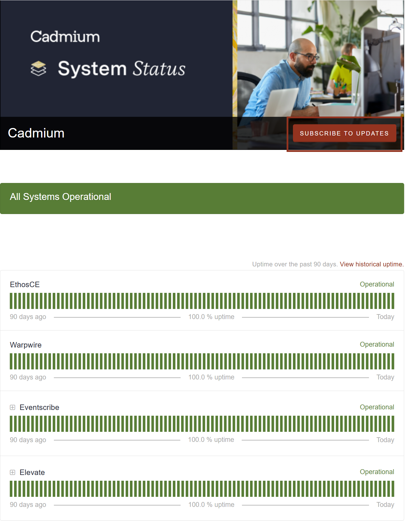 Image of the Cadmium Status Page with the Subscribe button Highlighted.
