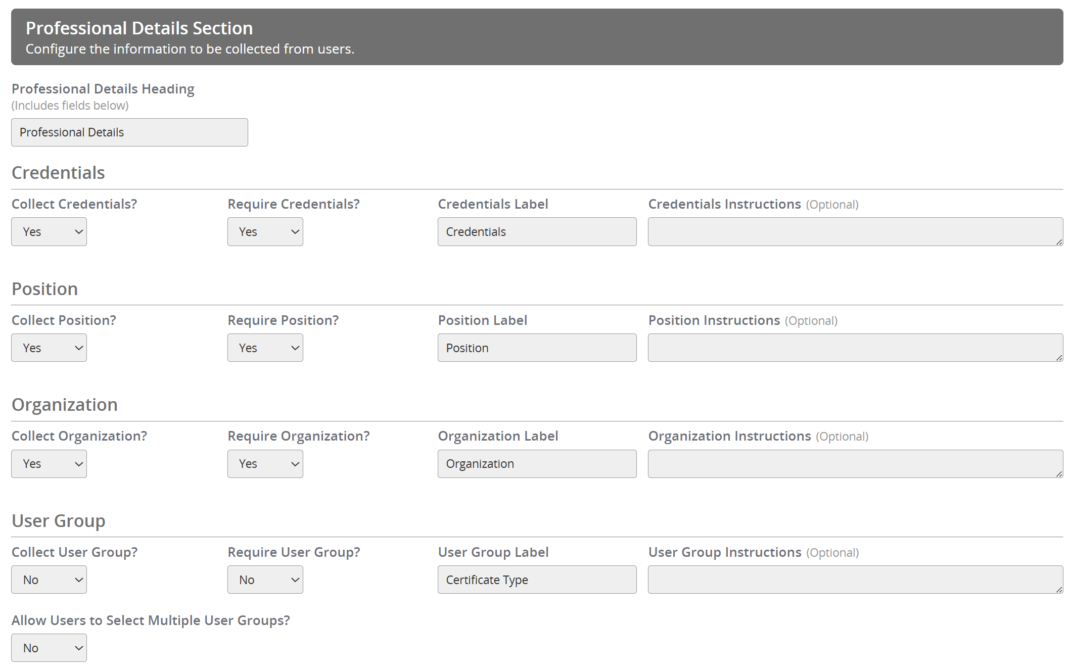 Image of the Professional Details Section of the Profile Task.