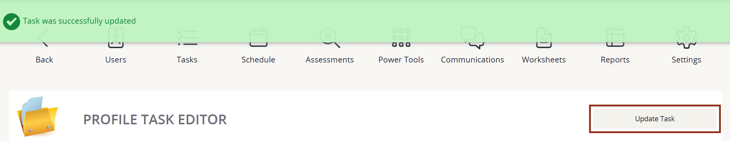 Image of the Update Task Button and the Confirmation Banner.