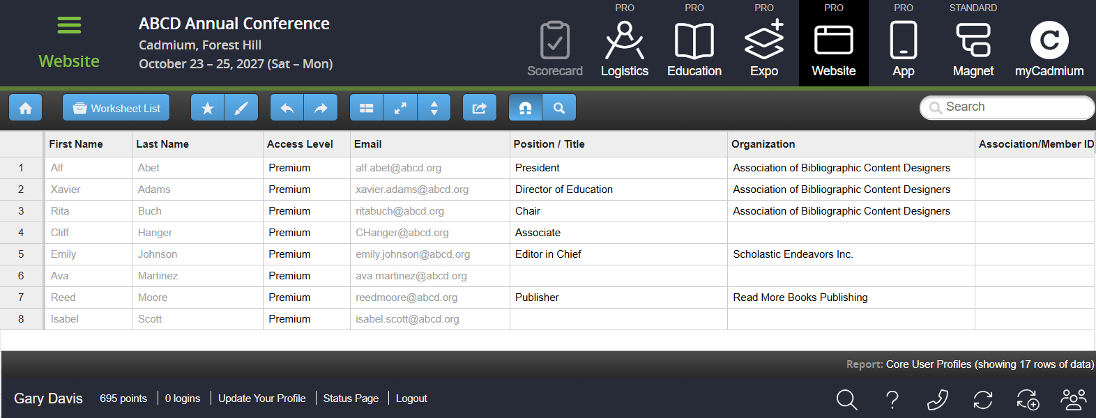 Image of the locked First Name, Last Name and Email fields in a Worksheet.