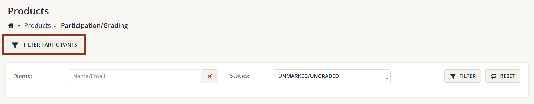 Image of the Participation Grading Page Filters.