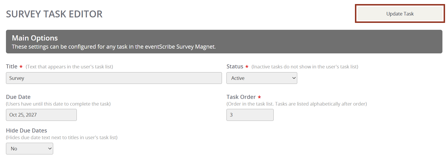 Image of the Survey Task Main Options section.