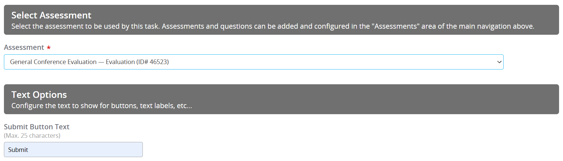Image of the Survey Task Select Assessment Section.