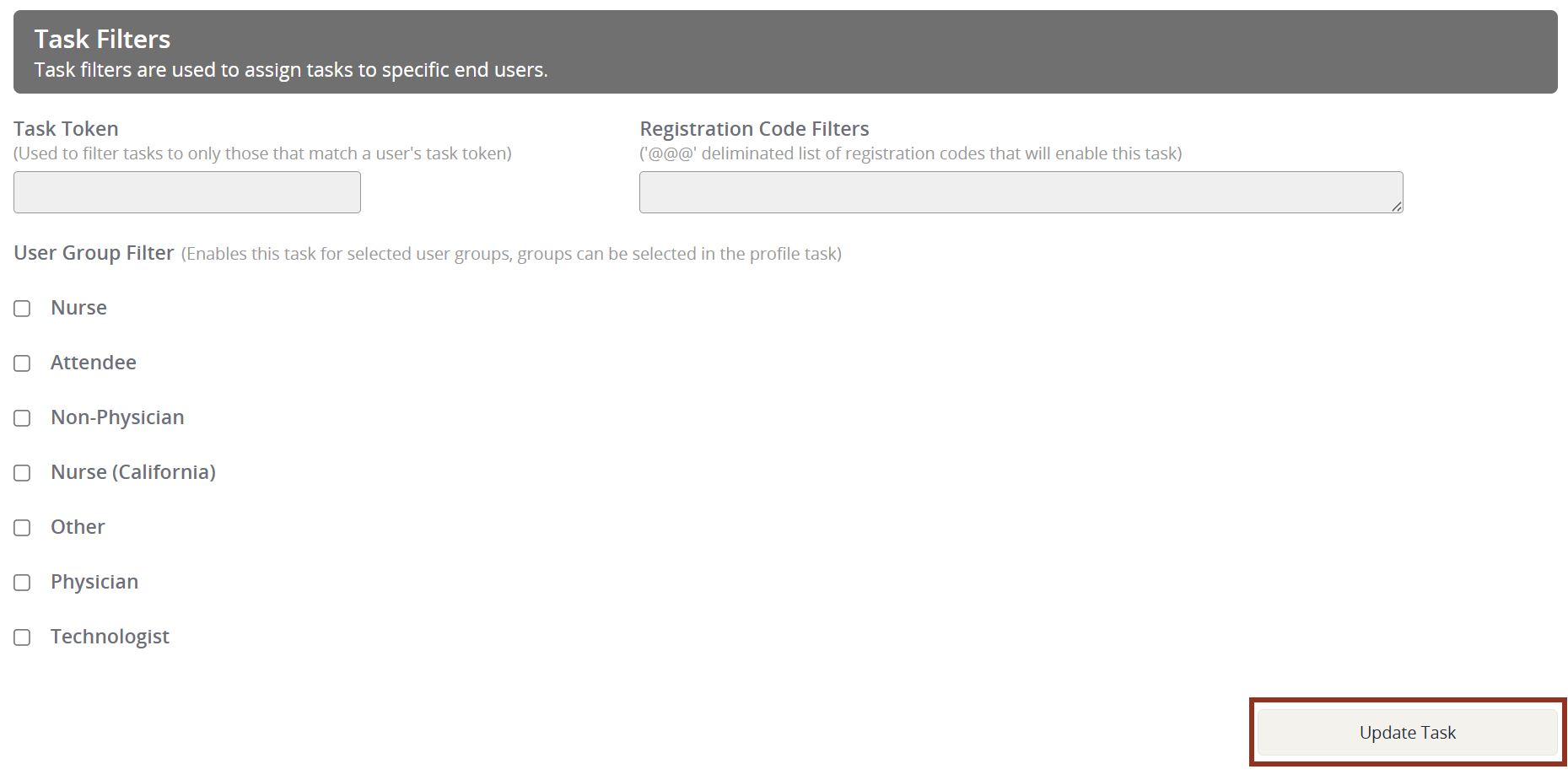 Image of the Survey Task Task Filters and Update Task Button.