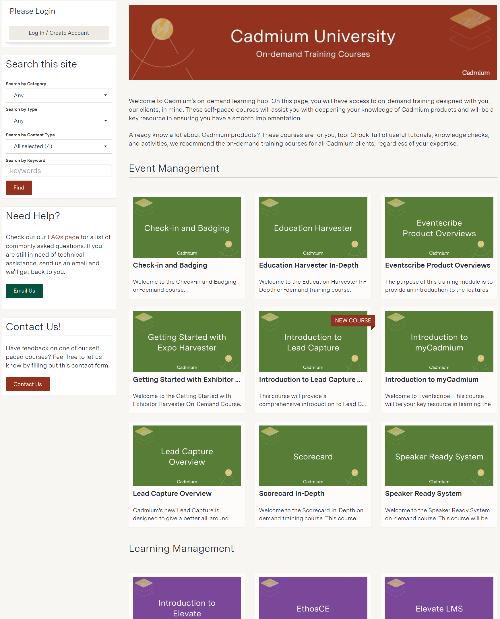 Image of the Cadmium University On Demand Courses page.