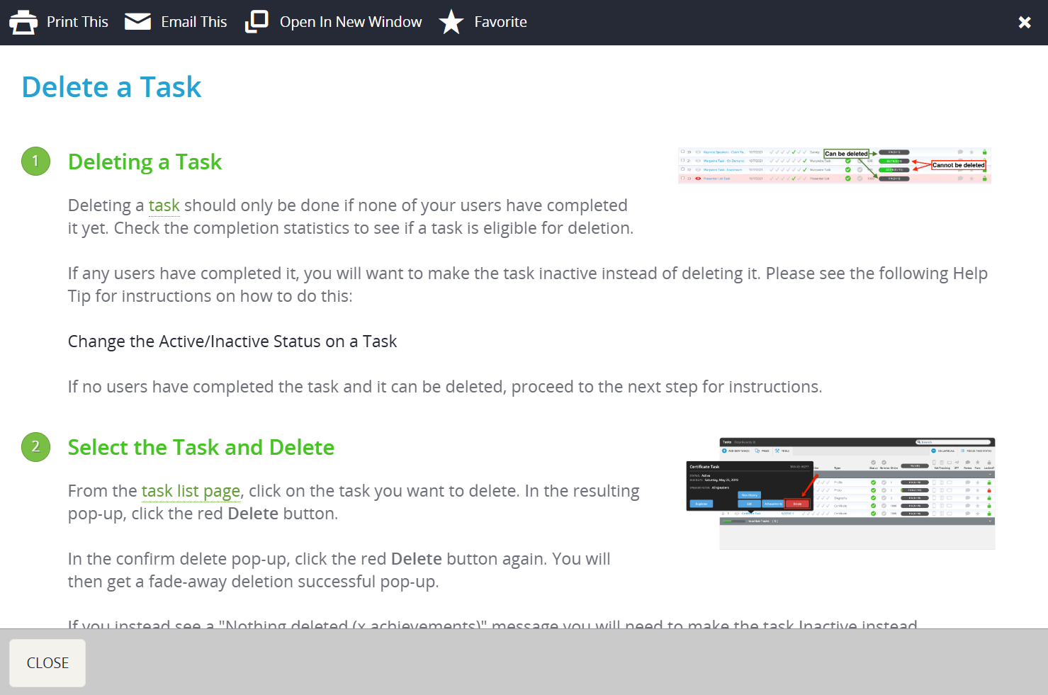 Image of myCadmium Help Tip listing how to delete a task.