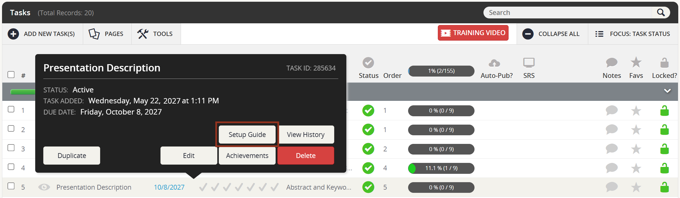 Image of a Task row pop-up with a box around the Set-up Guide button.
