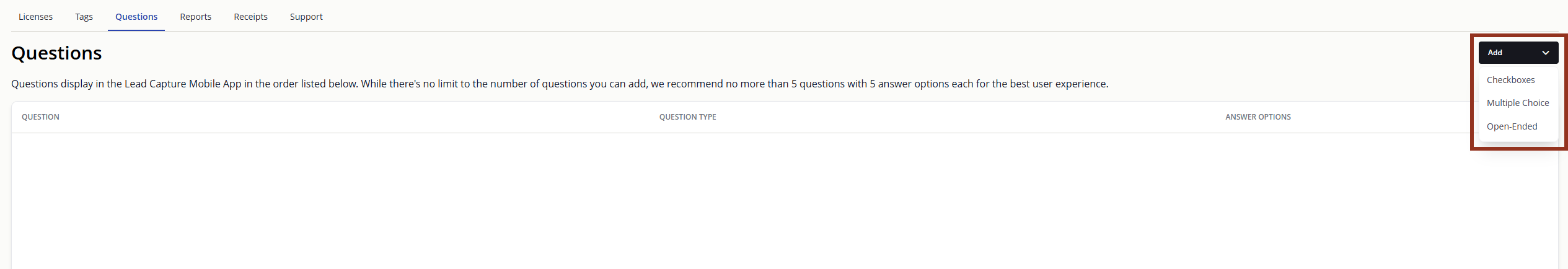 Lead Capture Exhibitor Portal questions page with Add button highlighted.