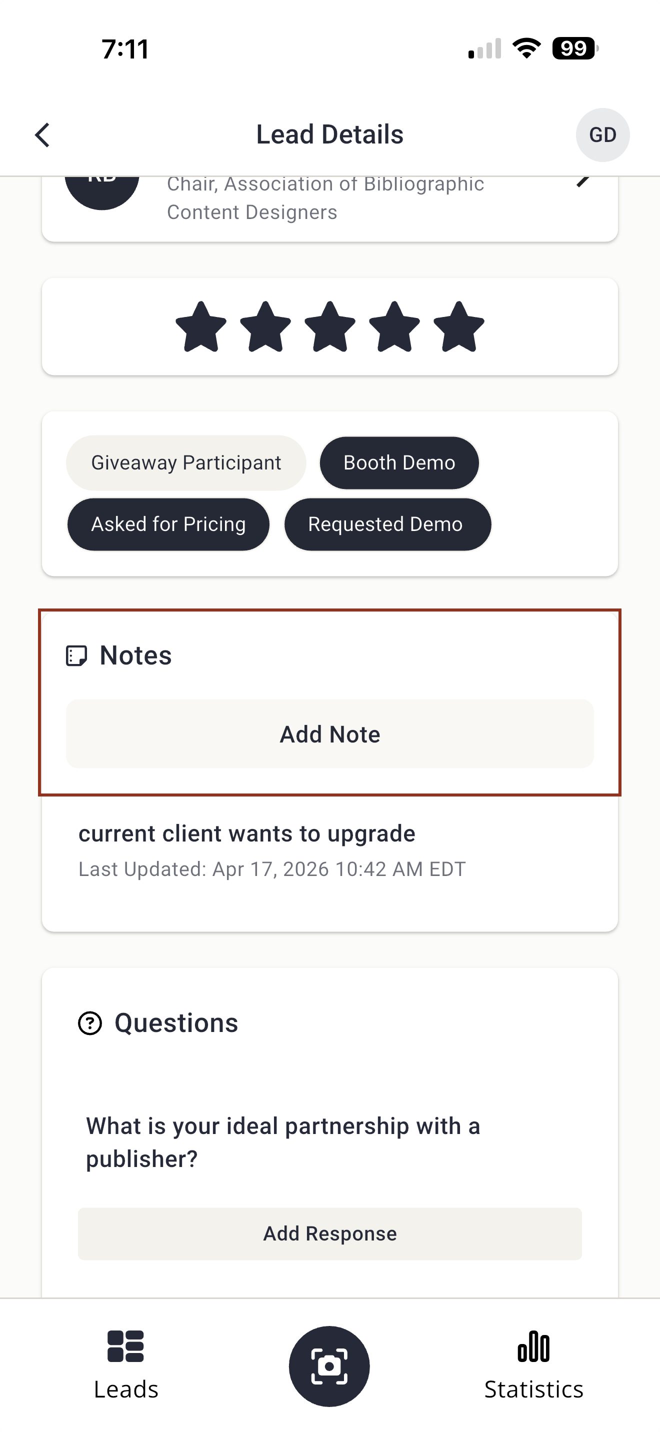 Image of the Lead Capture App Notes Section.
