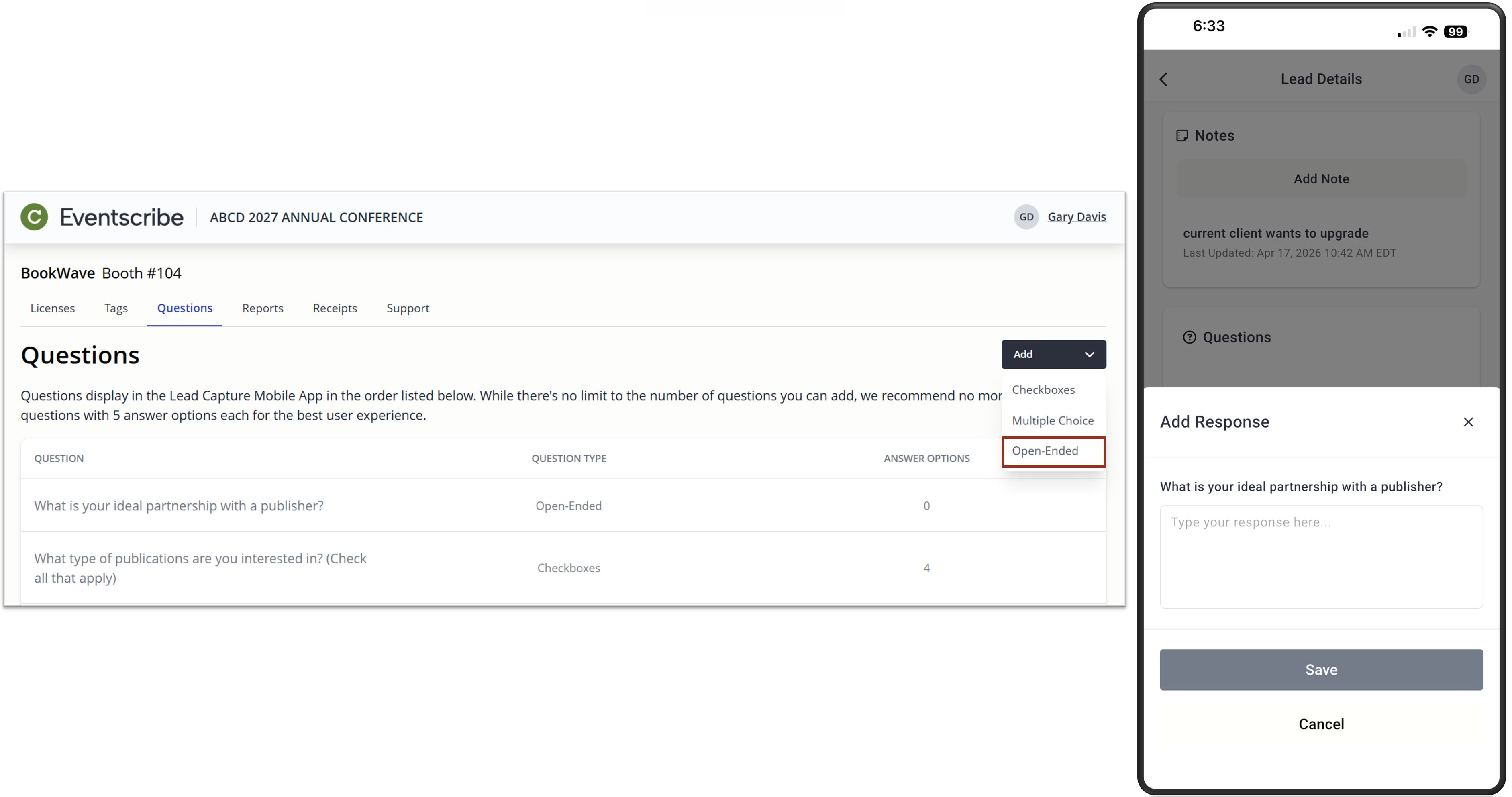 Image of the Exhibitor Admin Portal Add Questions Dropdown and App Open-Ended Questions.