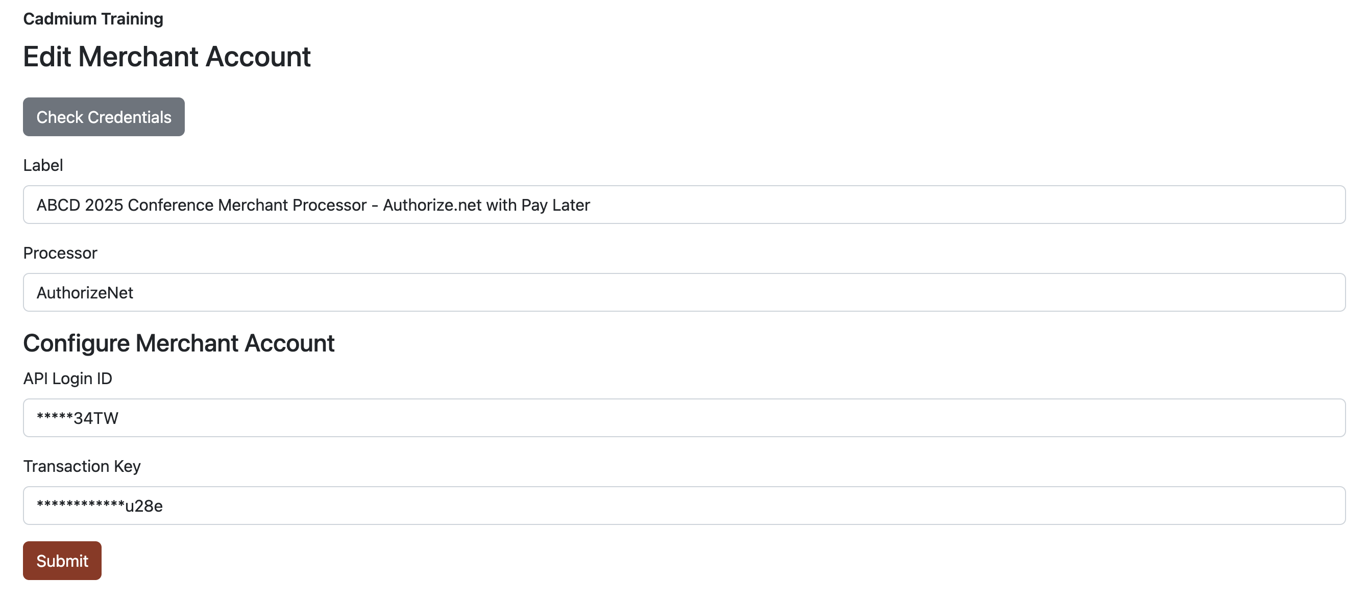 Edit Merchant Account Page with Check Credentials button highlighted
