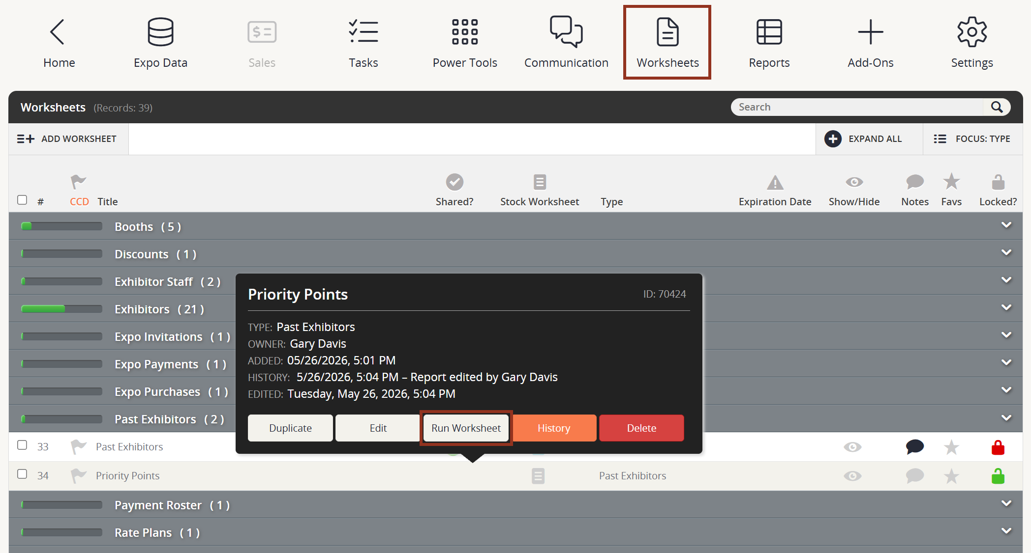 Image of the Expo Harvester Worksheets Page Priority Points Worksheet Pop-up.