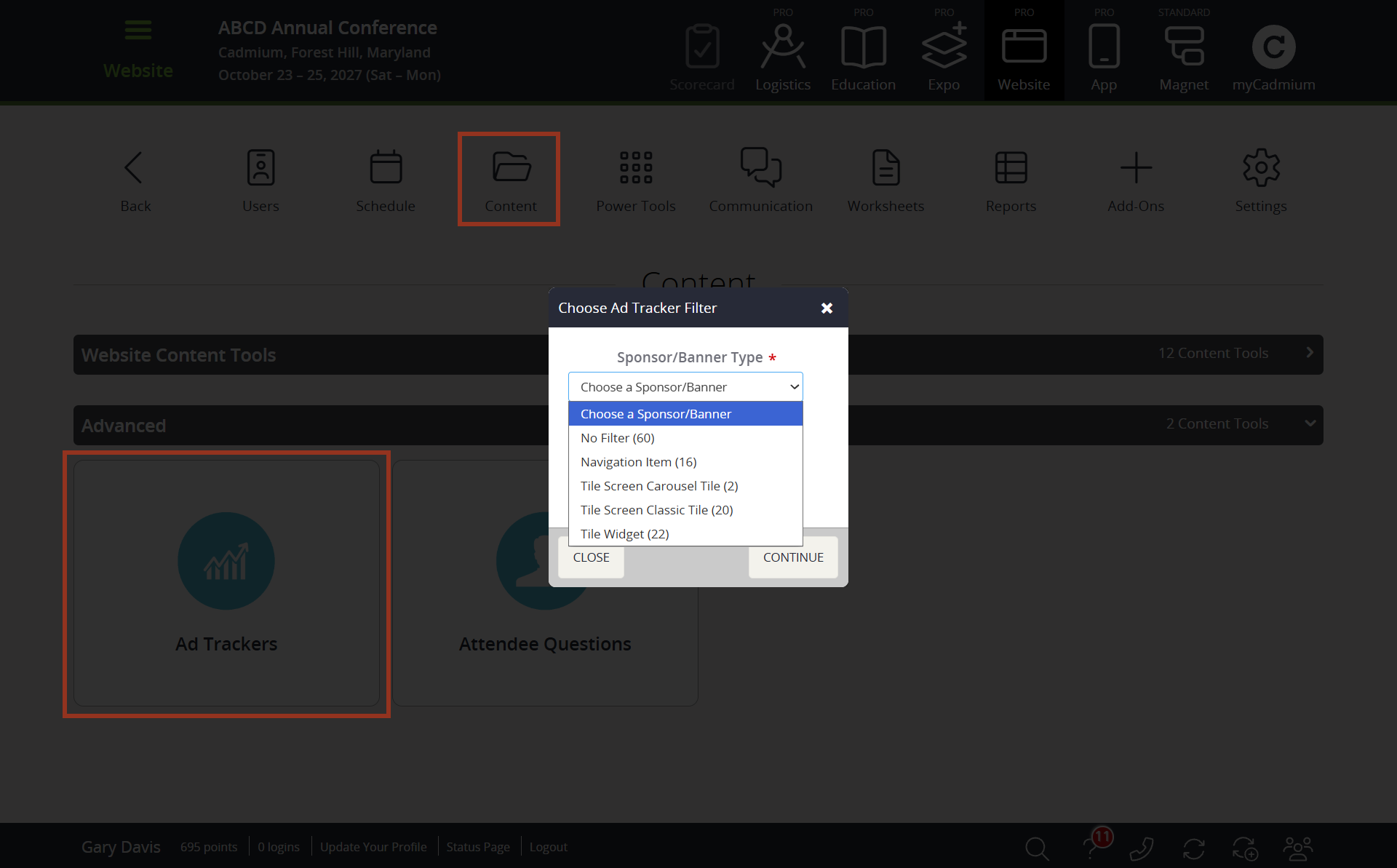 Image of the Content Page Ad Tracker Tile And Choose Ad Tracker Filter Popup.