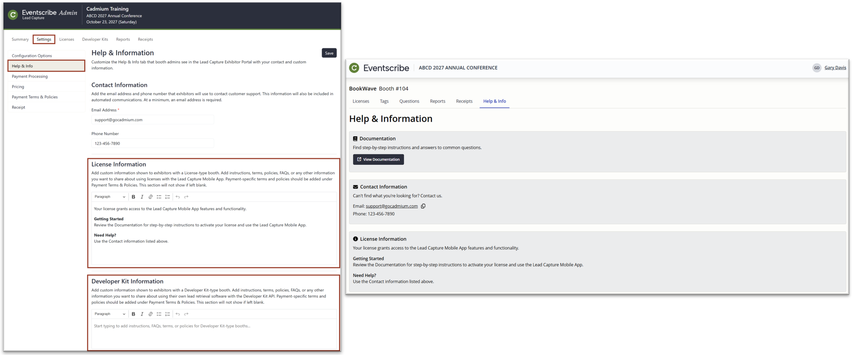 Images of the Help & Info Section In Admin and Exhibitor Portals.