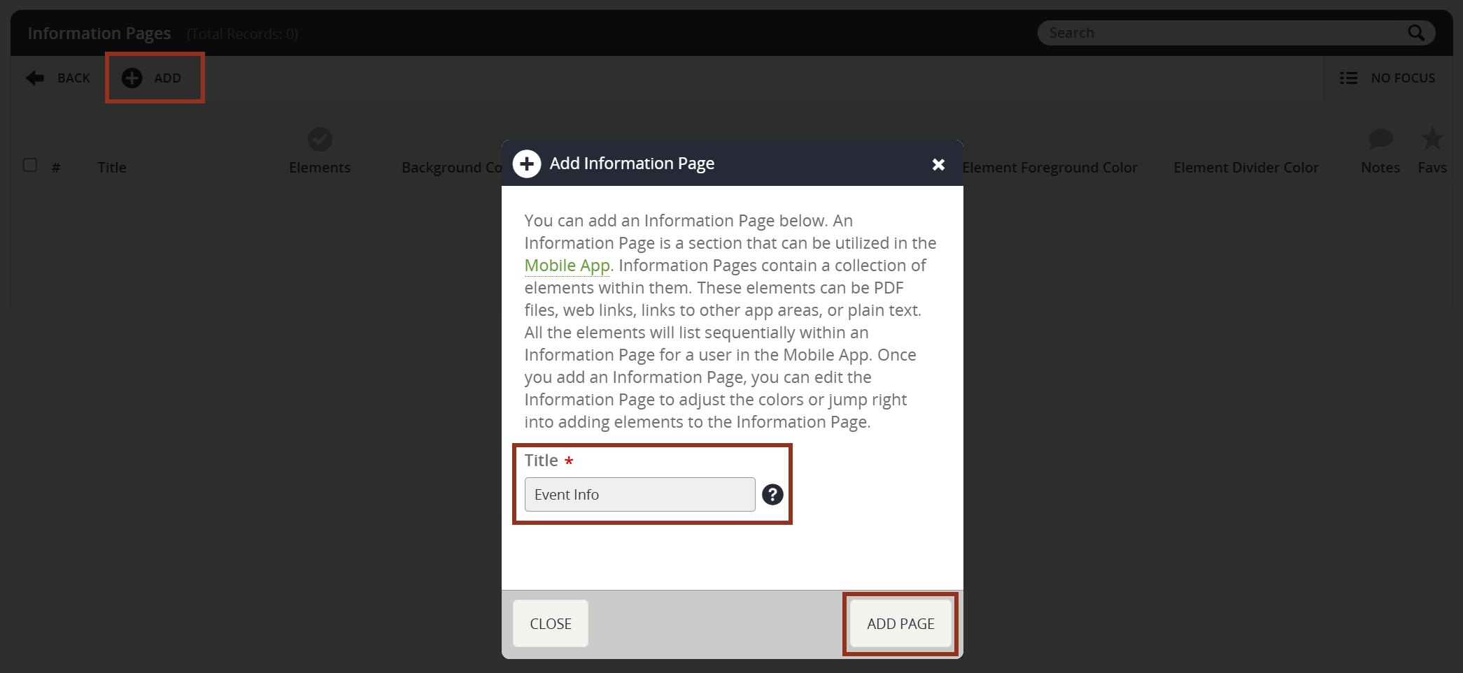 Image of the Add Information Page Popup.