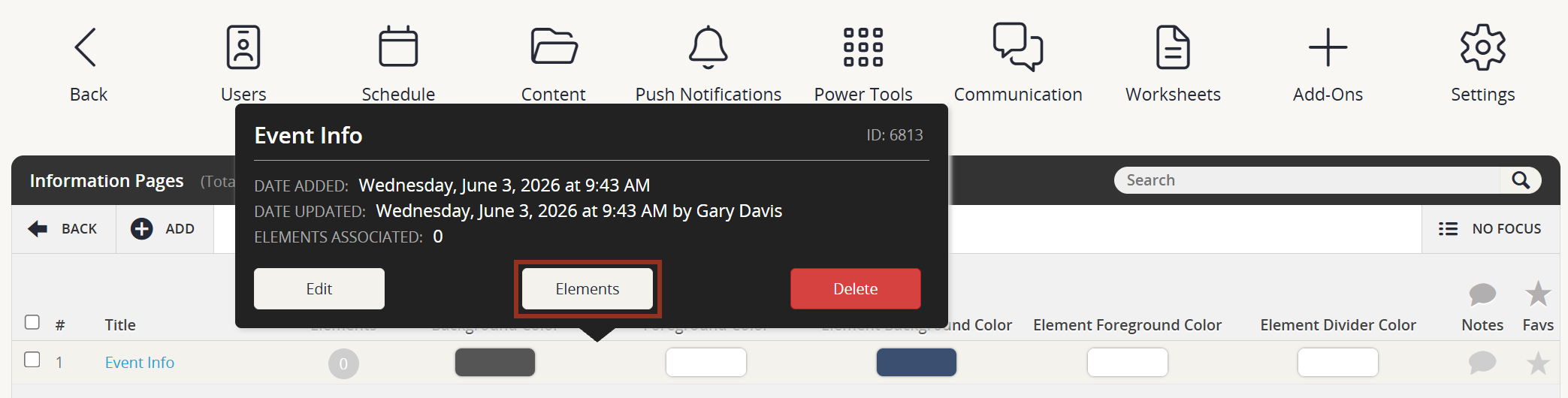 Image of the Information Page Popup Elements Button.