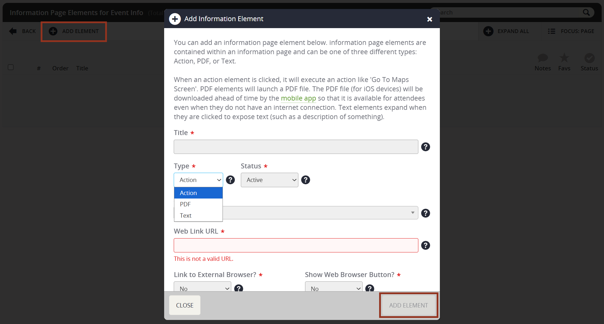 Image of the Add Information Element Popup.