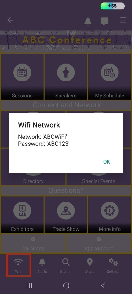 Image of the App Dedicated WiFi Menu Button and Overlay.