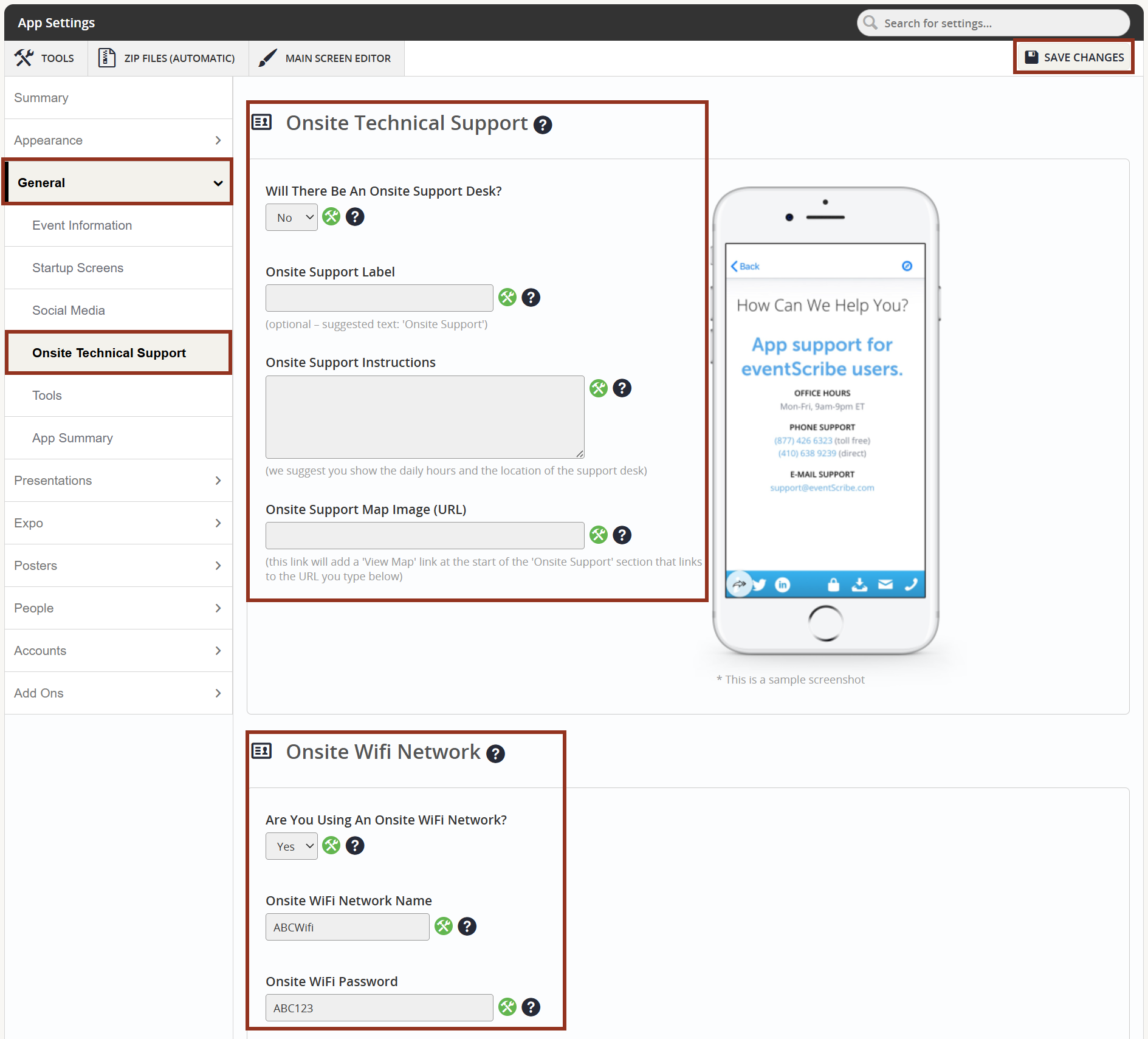 Image of the App Module's Settings Page General Tab Onsite Technical Support Sub-tab.