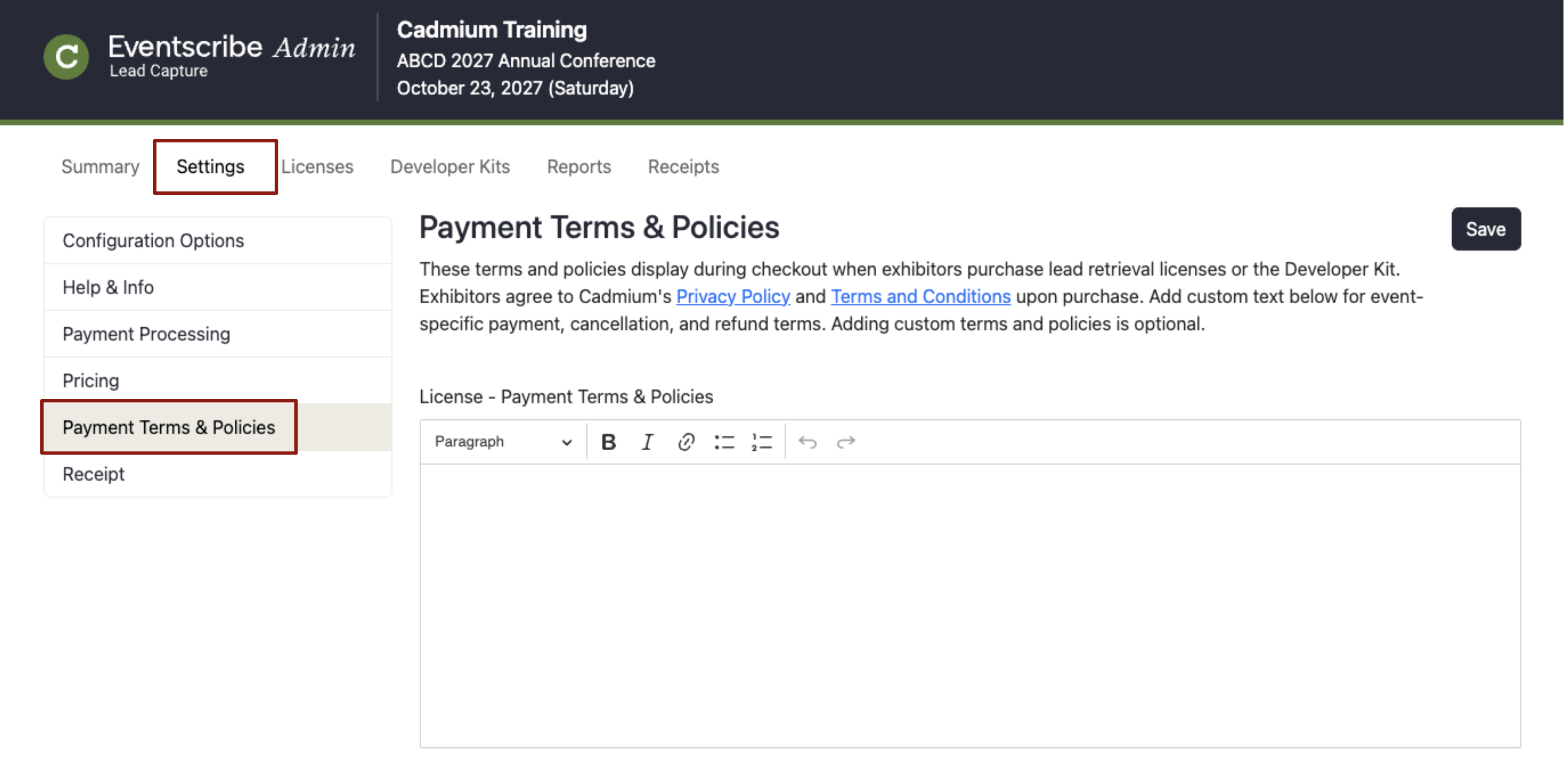 Image of the Admin Portal Settings Page Terms & Policies Page.
