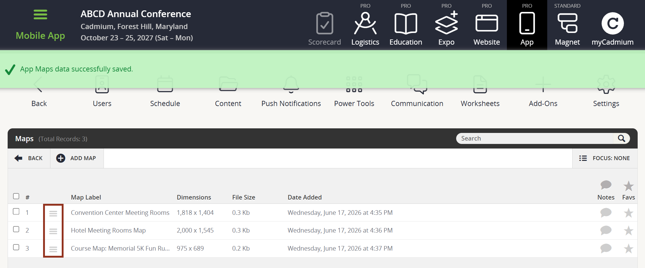 Image of the Maps Page Drag Handles and Confirmation Banner.
