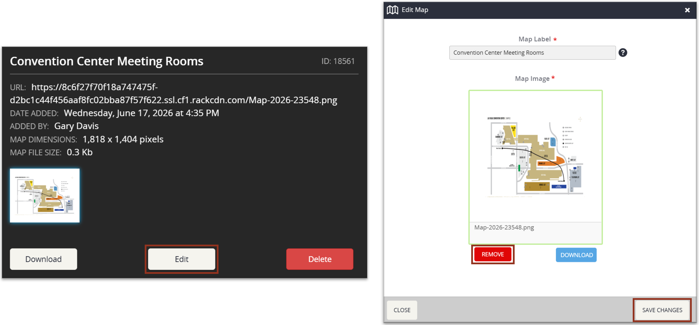Images of the Map Row Details Popup and Edit Map Popup.