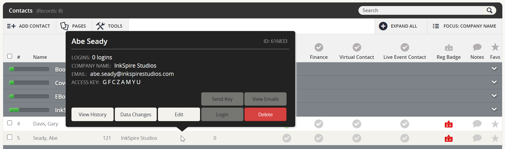 Image of the Contacts Page Contacts Popup.