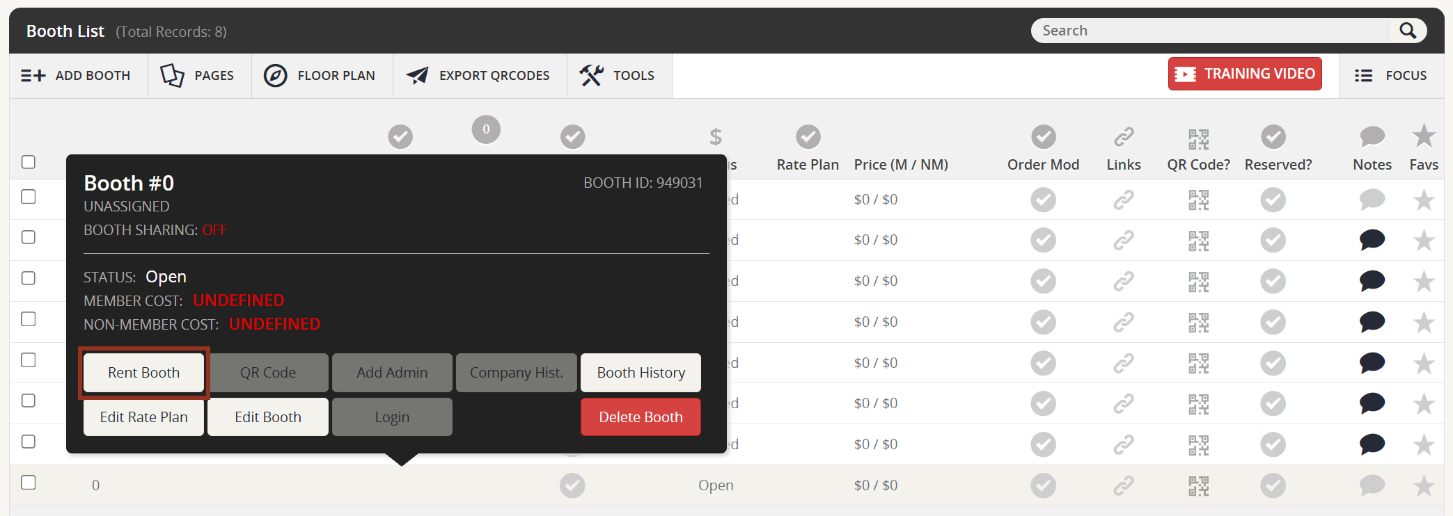 Image of the Booth Page Row Pop-up.
