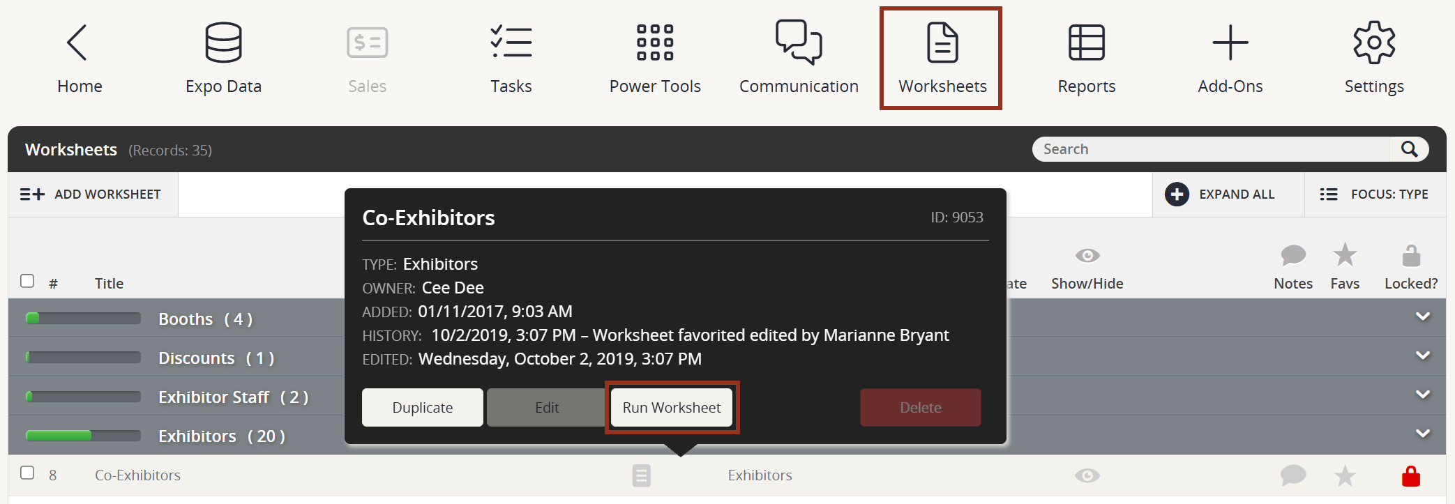 Image of the Co-Exhibitor Worksheet Row Popup.