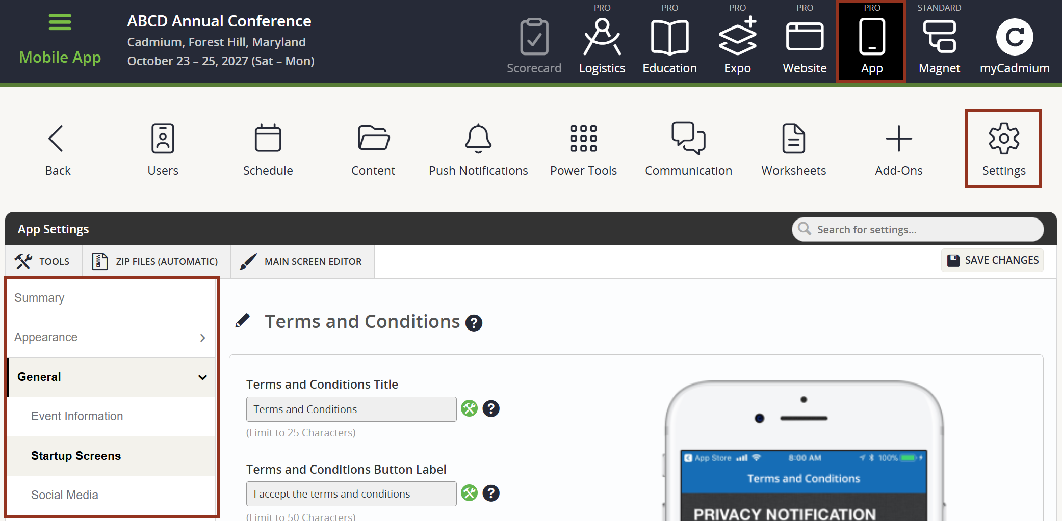 Image of Settings page with left-hand navigation tabs highlighted.