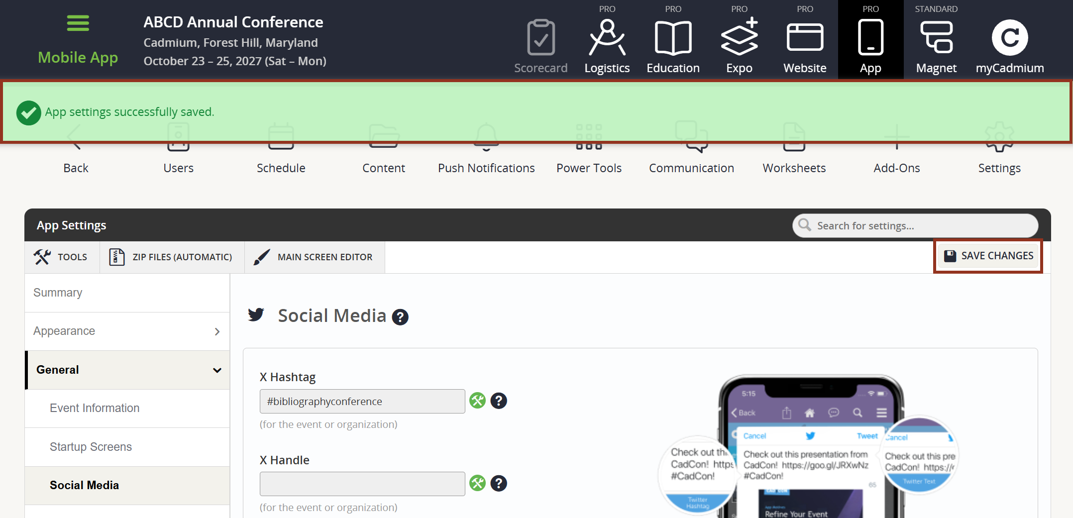 Image of Settings page Save Changes button and confirmation banner.