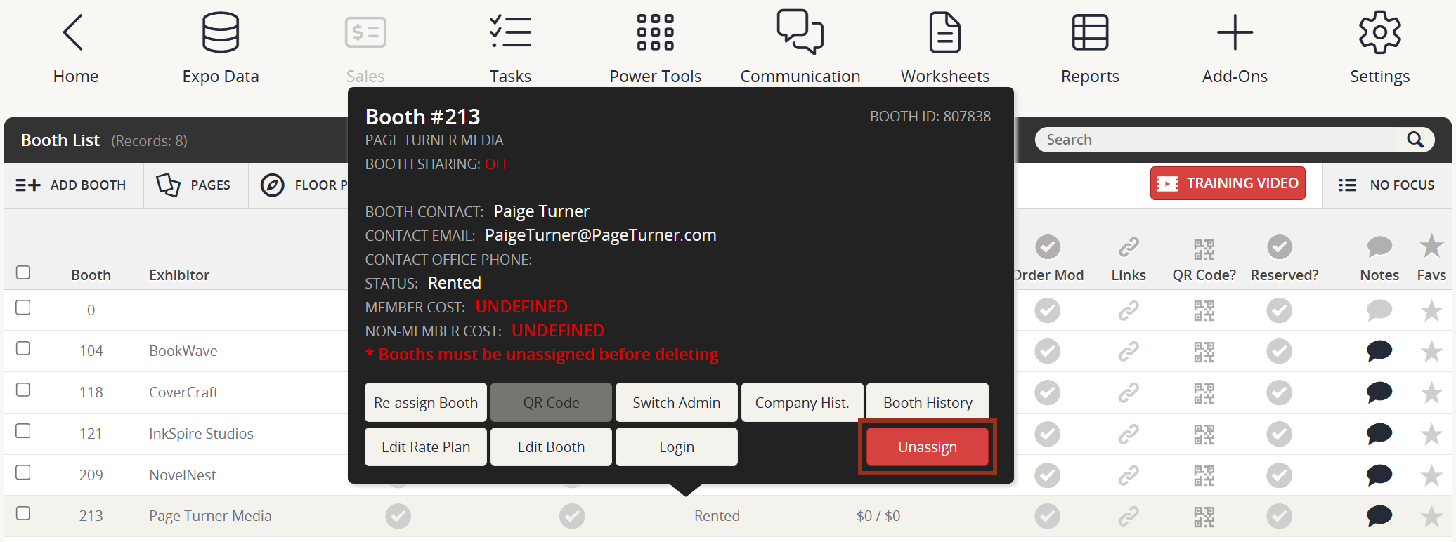 Image of the Exhibitor Row Pop-up Unassign Button.