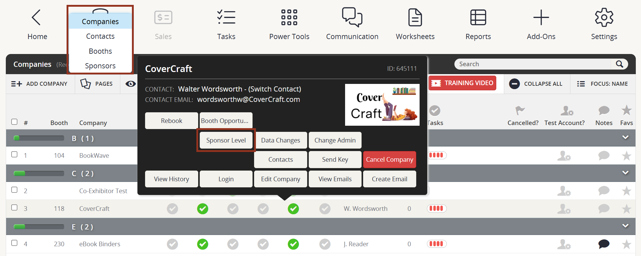Image of the Companies Page Row Pop-up Sponsor Level Button.