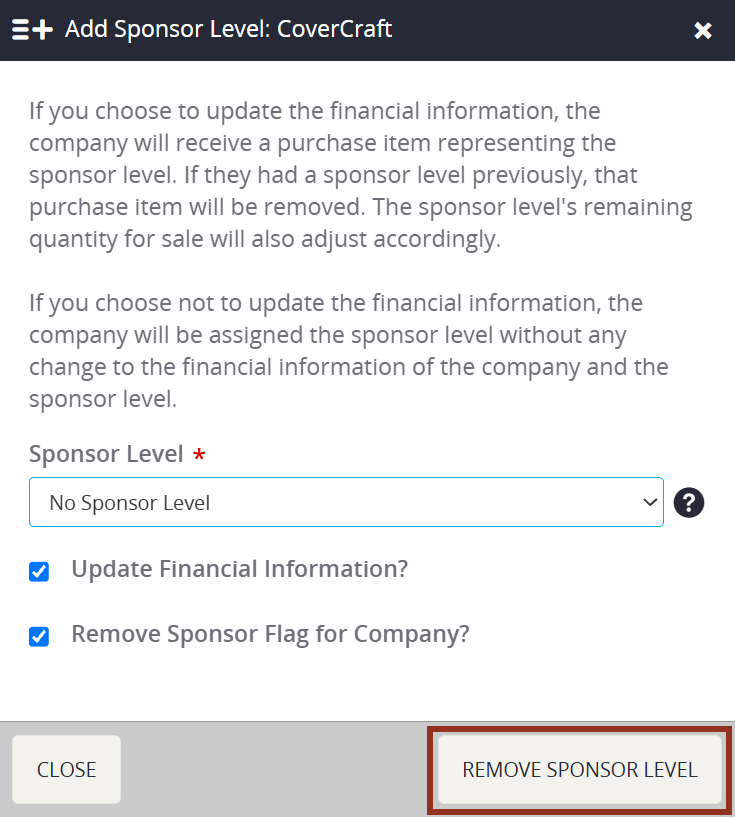 Sponsor Level Pop-up.