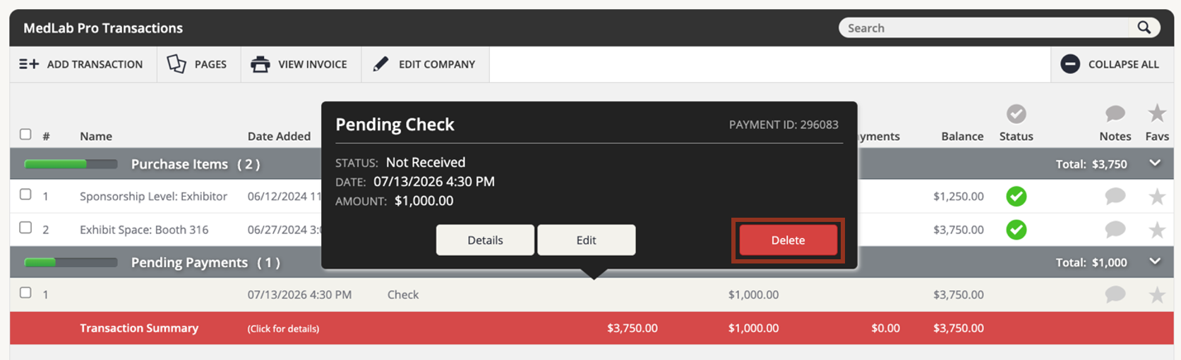 Image of the Transaction Row Pop-up Delete Button.