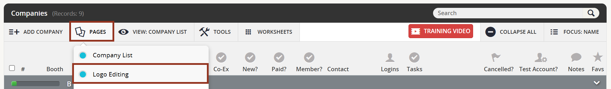 Image of the Companies Page Button Drop-Down.