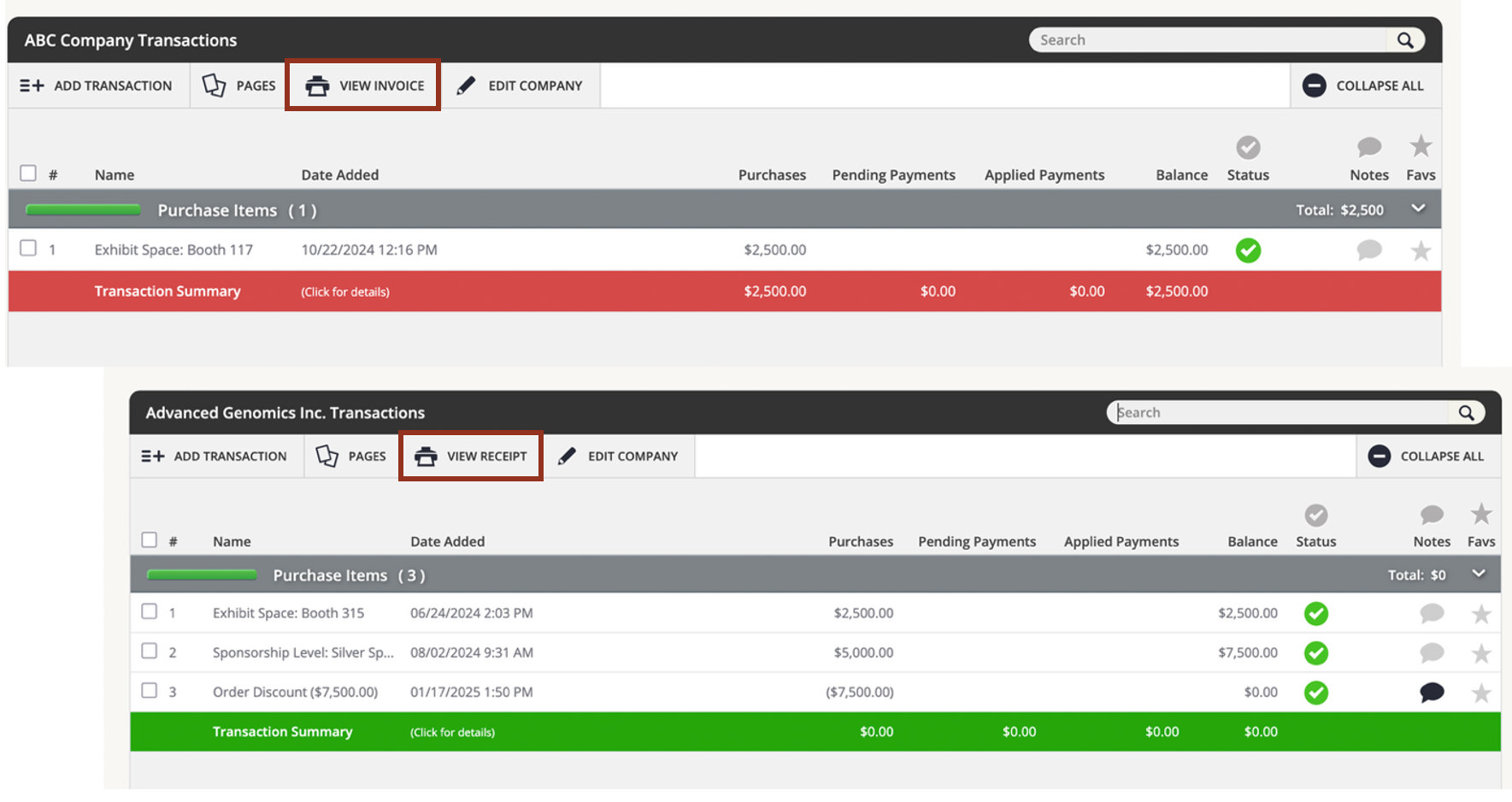 Image of the Transactions Page.
