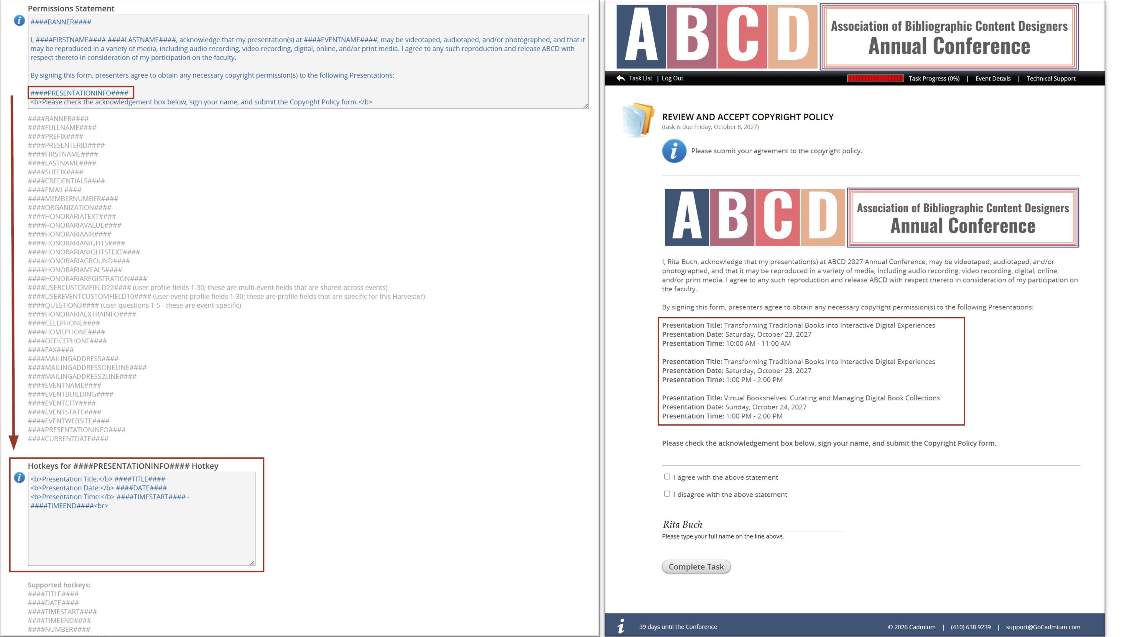 Task Editor View on the Left and End User View on the Right of the Presentation Info Hotkey.