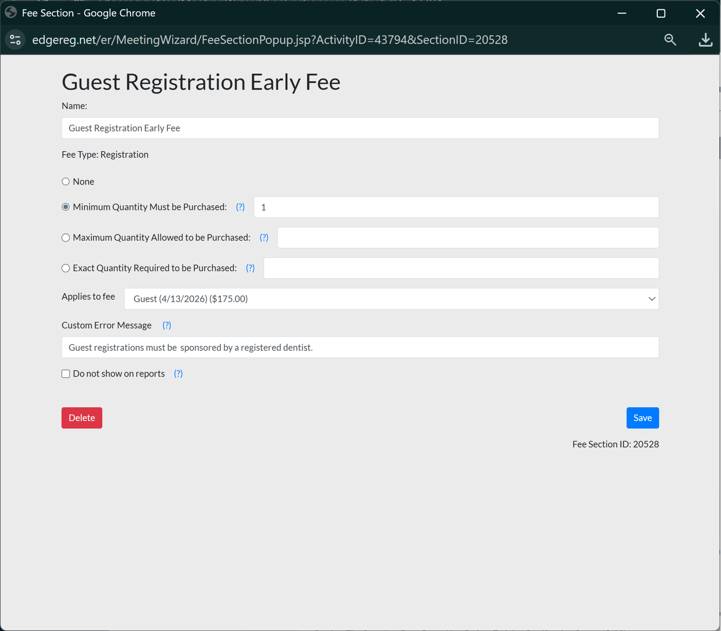 Image of the Fee Section Pop-up.