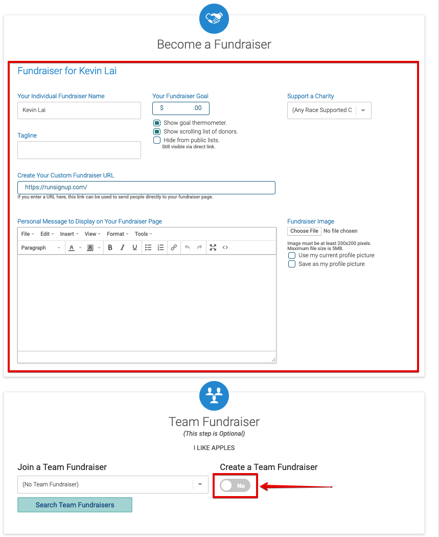 Create/Join a Fundraising Team RunSignup